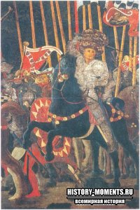 Кондотьер Муцио Аттендоло Сфорца ведет в бой флорентийское войско на картине Паоло Учелло «Битва при Сан-Романо».