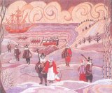 На гобелене запечатлена благополучная высадка на берег отцов-пилигримов у Плимут-Рока, но пуритане были слабо подготовлены к предстоящей суровой зиме.