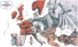 На этой карте-карикатуре 1871 г. Наполеон III пытается отбиться от наседающего прусского канцлера Отто фон Бисмарка, из-за спины которого выглядывает русский великан.