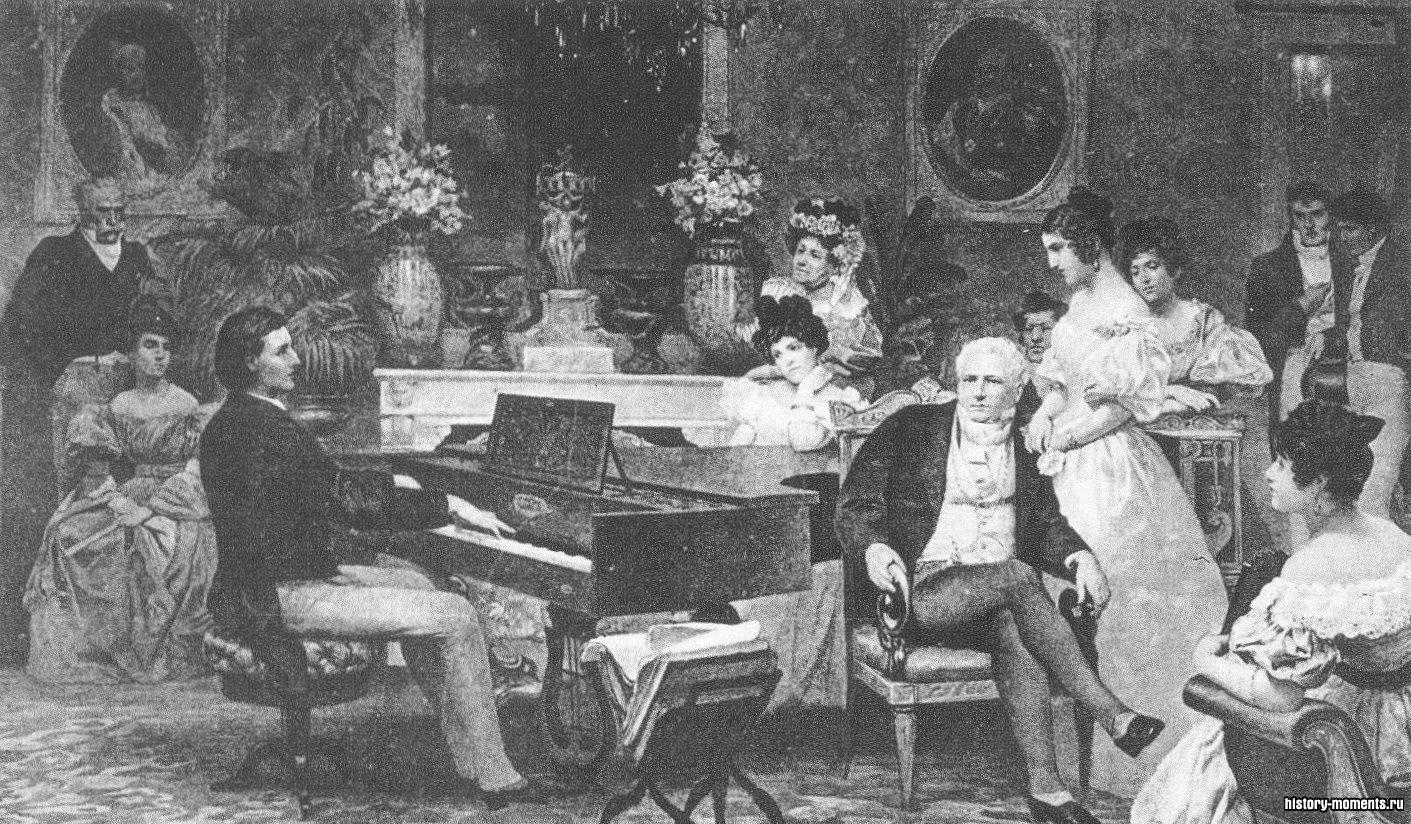 Девятнадцатилетний Шопен развлекает публику в одной из берлинских светских салонов; (слева) рукопись партитуры полонеза, сочиненного в 1842 г.