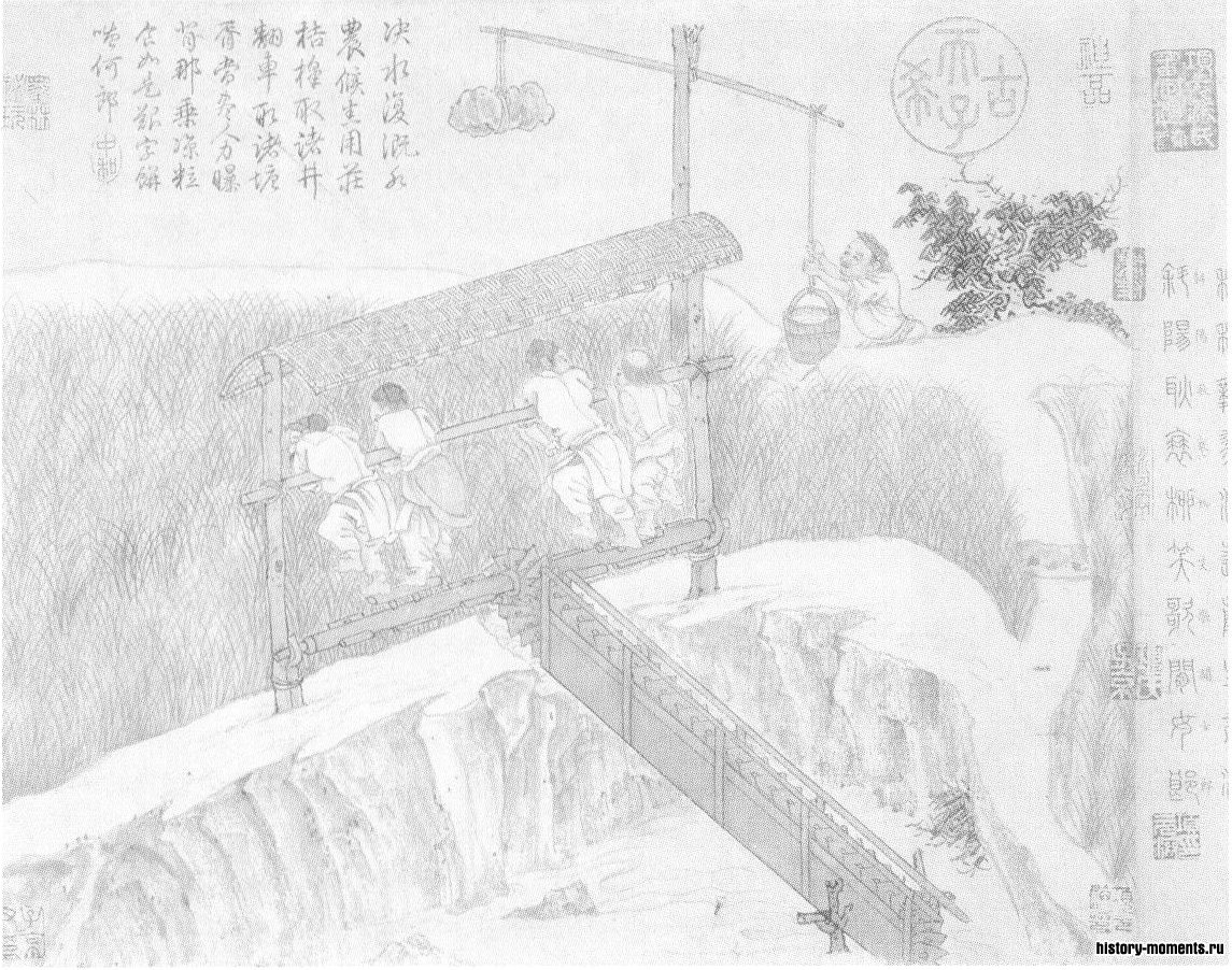Картина времен Юаньской династии иллюстрирует технологию, которую использовали китайские крестьяне свыше 600 лет назад для перекачки воды из реки для орошения рисовых полей.