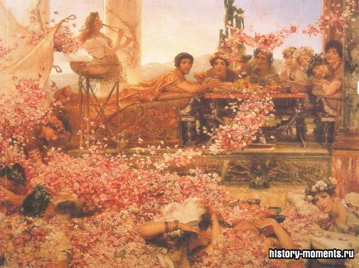 Картина конца XIX в. изображает гостей Гелиогабала, на которых из сети, натянутой над столом, сыплются тысячи лепестков роз.