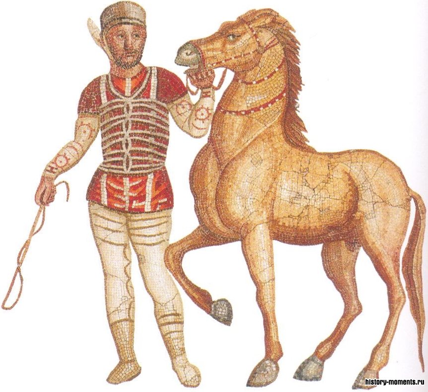 Фрагмент римской мозаики, изображающей наездника-победителя и его коня. Колесницы мчались, огибая центральный барьер (спину), на каждом конце которого располагалось по три конических столба.