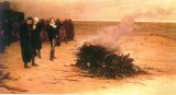 Лорд Байрон, Ли Хант и Джон Трелони скорбят у погребального костра их друга, поэта-романтика Перси Биш Шелли, утонувшего во время внезапного шторма у берегов Италии в 1822 г.