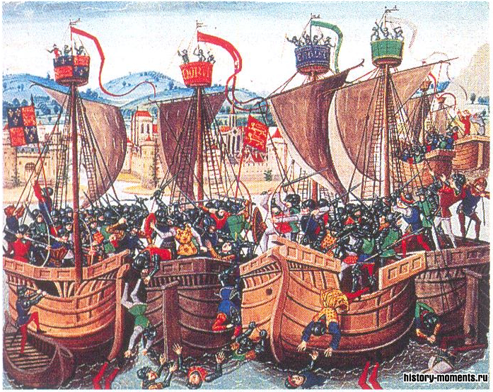 Миниатюра из «Хроник» Жана Фруассара: битва при Слёйсе (1340), в которой флот английского короля Эдуарда III разгромил французский флот в гавани у фламандского побережья.