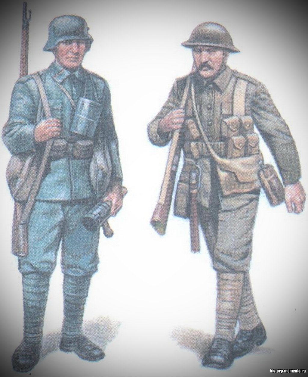 Пехотинцы Первой мировой войны: германский (слева) и британский (справа ).