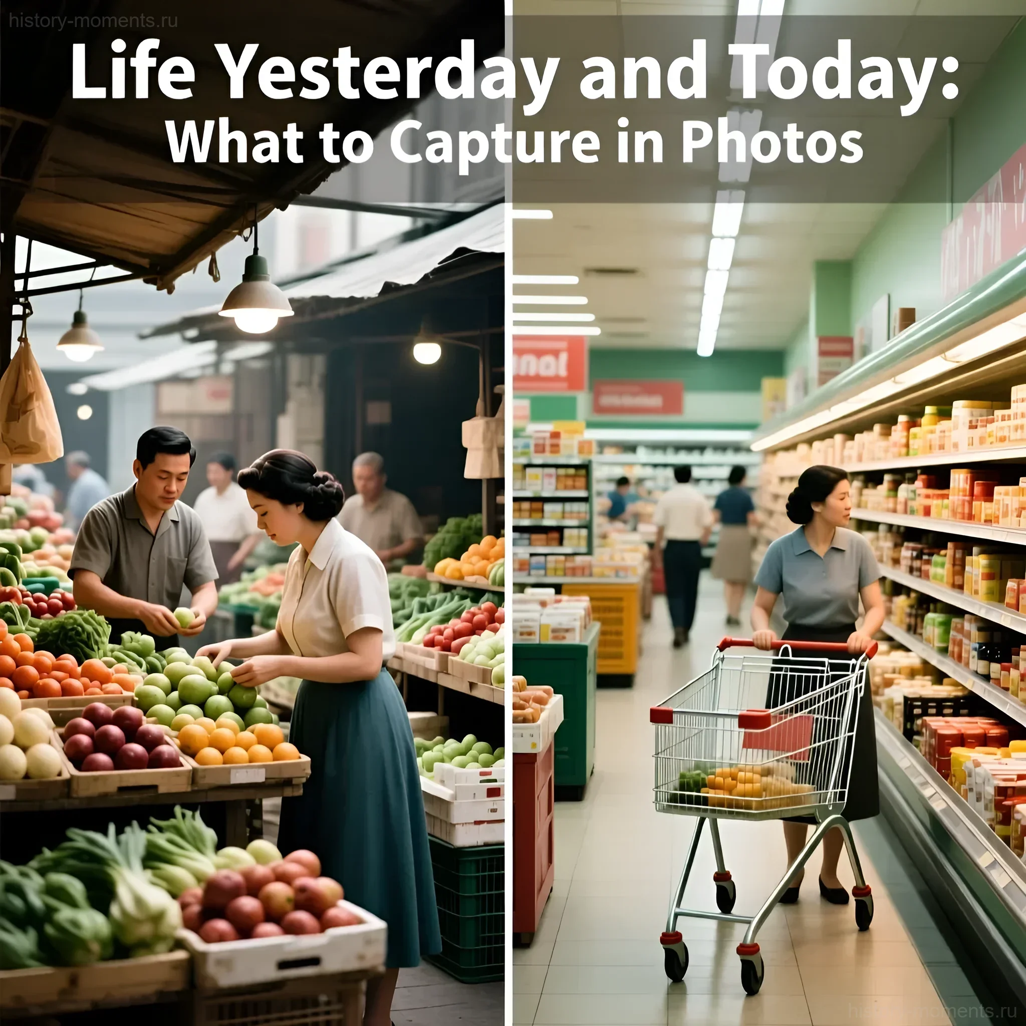 Сравнение сцен покупок: оживленный рынок с фруктами и современный супермаркет. Фотография иллюстрирует эволюцию быта в мегаполисе.
