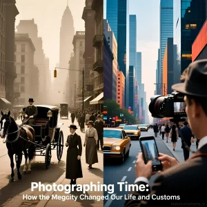 Фотография, демонстрирующая резкий контраст между жизнью в мегаполисе в прошлом и настоящем, с акцентом на транспорт и одежду.