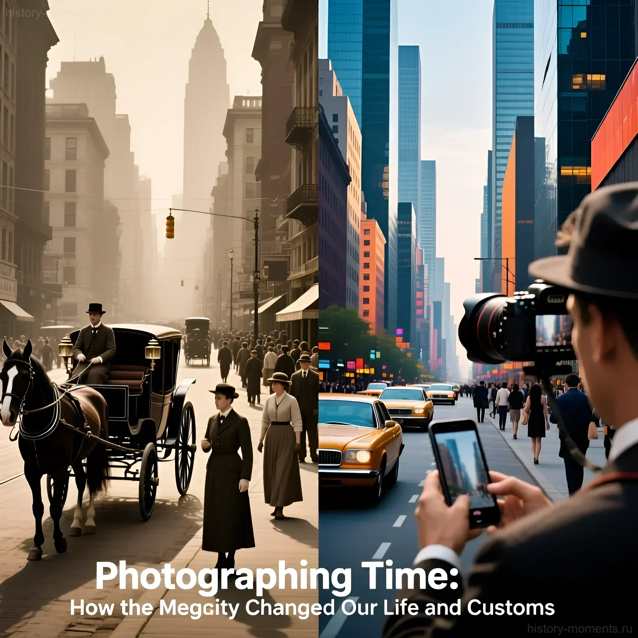 Фотография, демонстрирующая резкий контраст между жизнью в мегаполисе в прошлом и настоящем, с акцентом на транспорт и одежду.