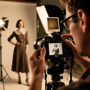 Фотография процесса съемки модели в винтажном платье, демонстрирующая использование студийного света и техники для передачи атмосферы прошлого.