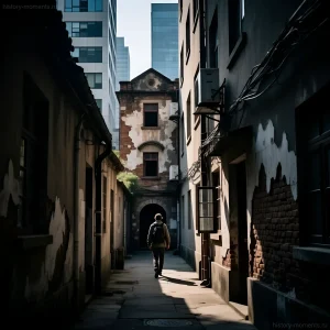 Фотография запечатлела проход между старыми зданиями в мегаполисе. Контраст между исторической архитектурой и современными небоскребами подчеркивает тему времени и перемен.