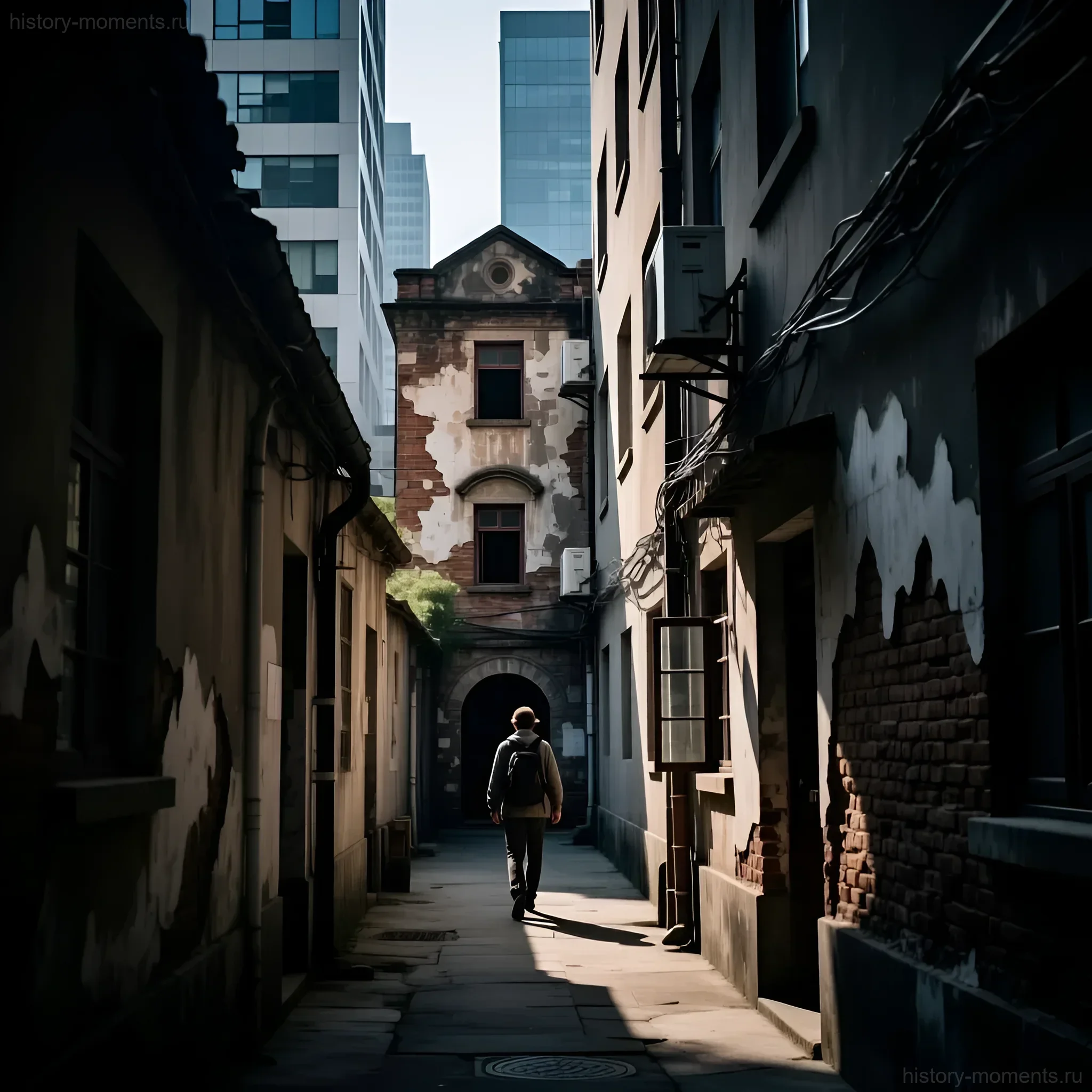 Фотография запечатлела проход между старыми зданиями в мегаполисе. Контраст между исторической архитектурой и современными небоскребами подчеркивает тему времени и перемен.