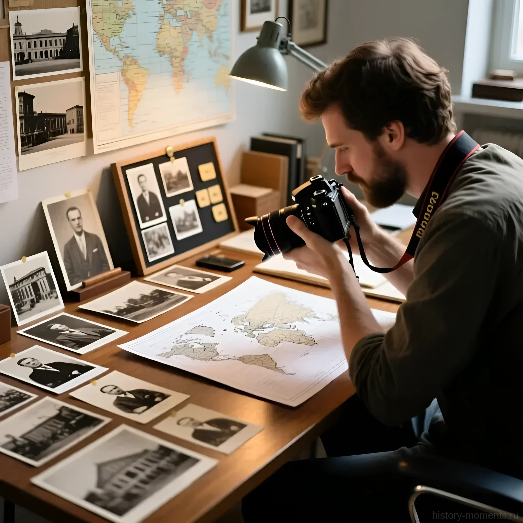 Фотография исследователя, изучающего старые снимки и карты города. Концепция проекта о связи прошлого и настоящего в мегаполисе.