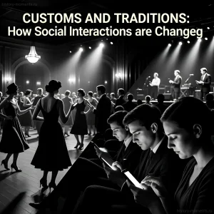 Фотография иллюстрирует разрыв между традиционными социальными взаимодействиями и современным увлечением гаджетами, отражая изменения в общении.