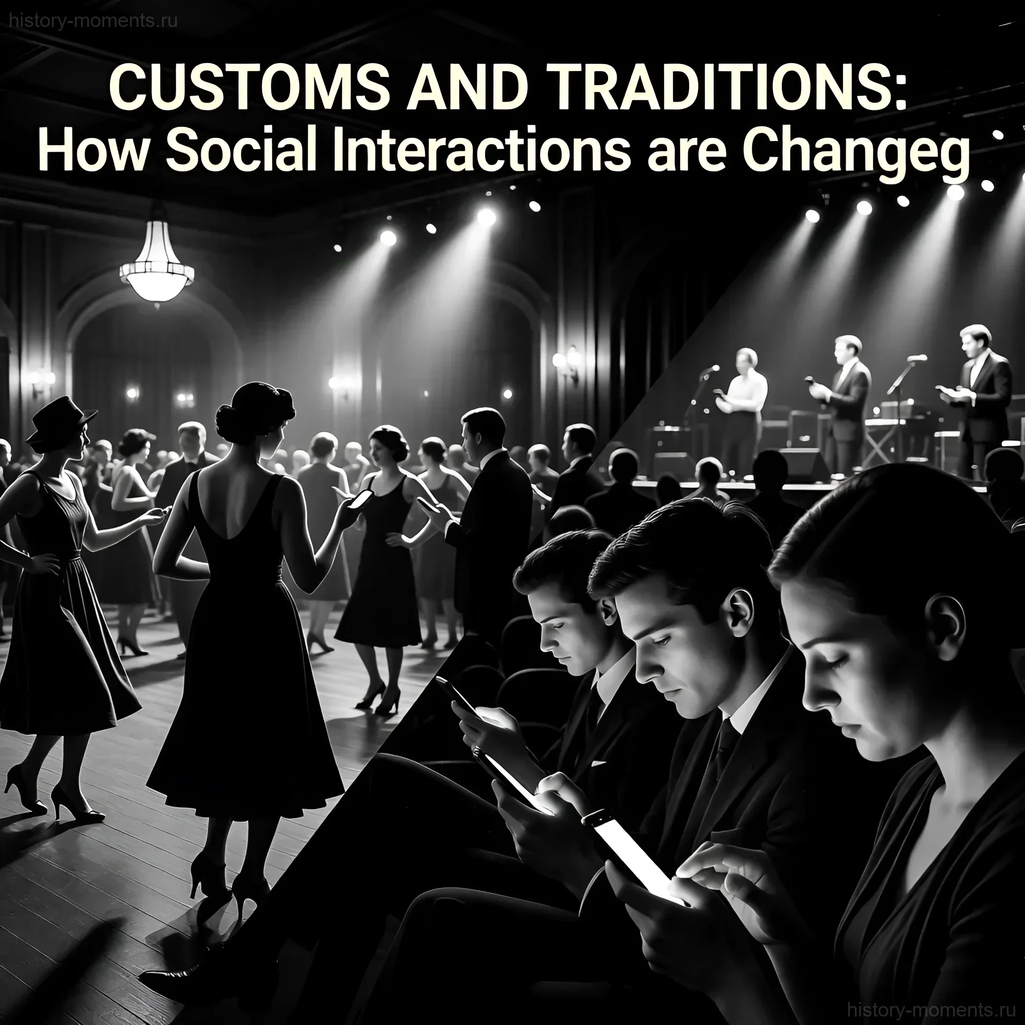 Фотография иллюстрирует разрыв между традиционными социальными взаимодействиями и современным увлечением гаджетами, отражая изменения в общении.