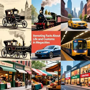 Коллаж, иллюстрирующий трансформацию городской жизни: кареты, поезда, автомобили, метро и магазины. Отражение прогресса и изменений в мегаполисах.