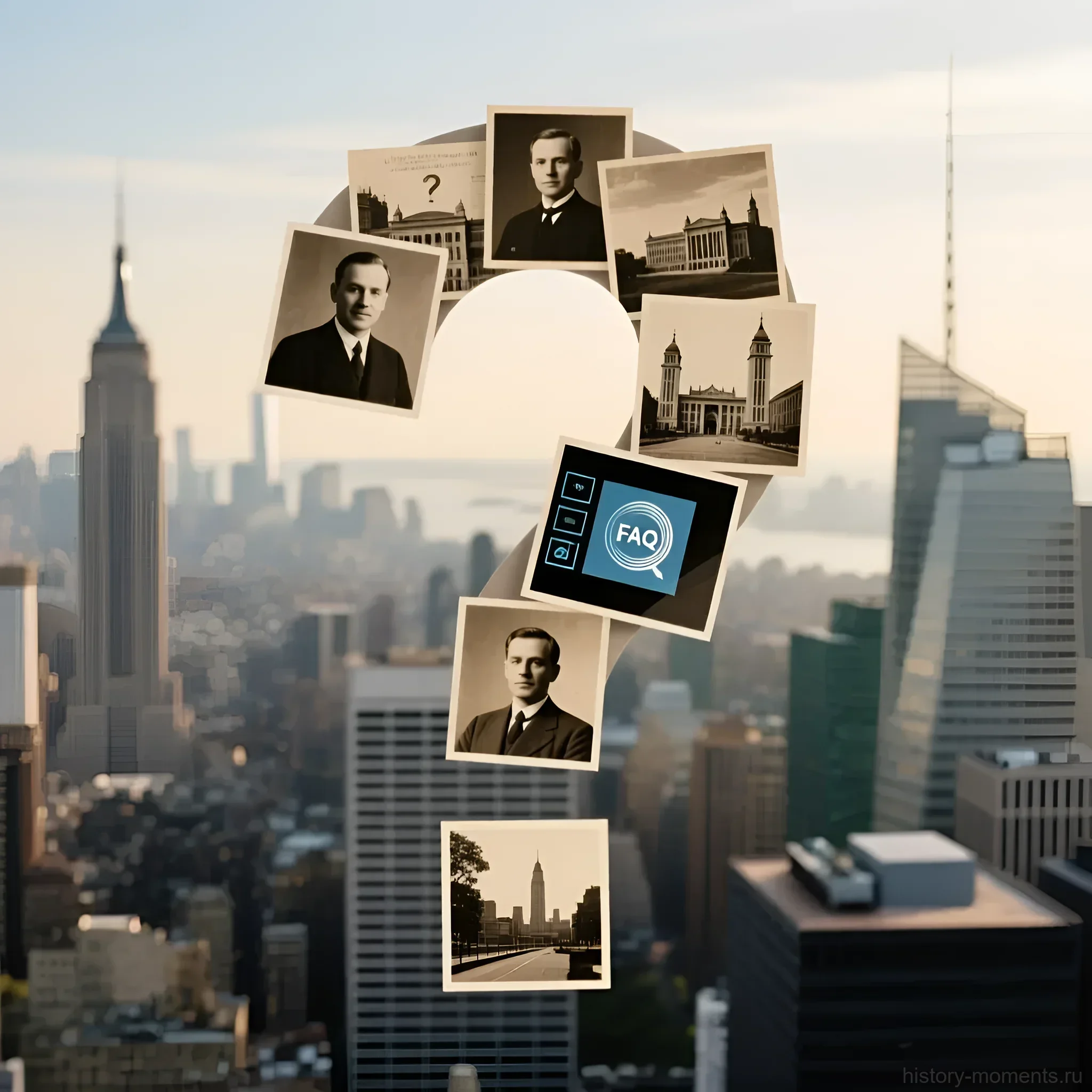 Фотография демонстрирует наложение старинных портретов и городских пейзажей на современный городской ландшафт, символизируя связь времен и перемены в быту.