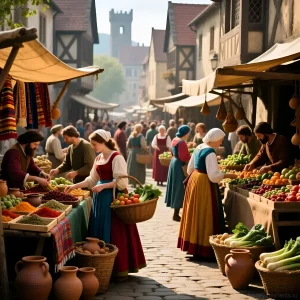 Изображение средневекового городского рынка в Европе, заполненного торговцами и покупателями. Отражает повседневную жизнь до эпидемии 'Черной смерти'.