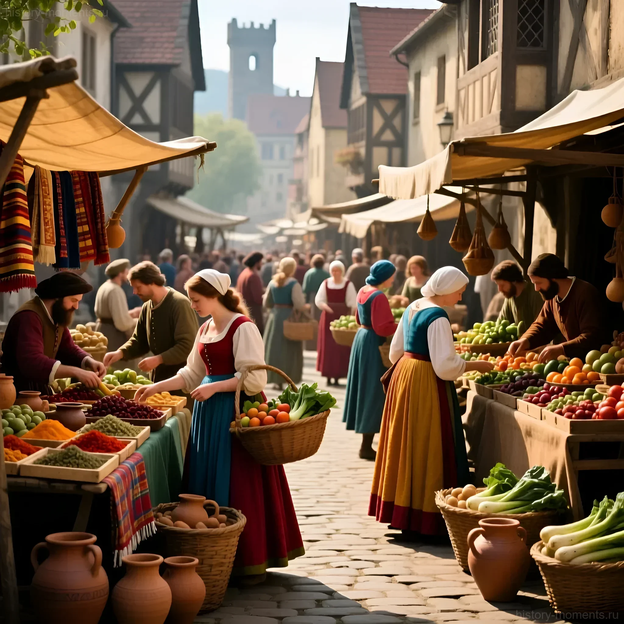 Изображение средневекового городского рынка в Европе, заполненного торговцами и покупателями. Отражает повседневную жизнь до эпидемии 'Черной смерти'.