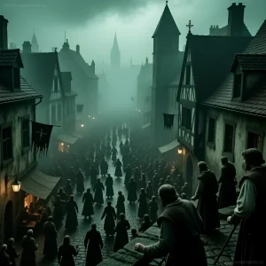 Визуализация средневекового города, охваченного чумой. Атмосфера безысходности, толпы людей в темной одежде, туман и мрачная архитектура.