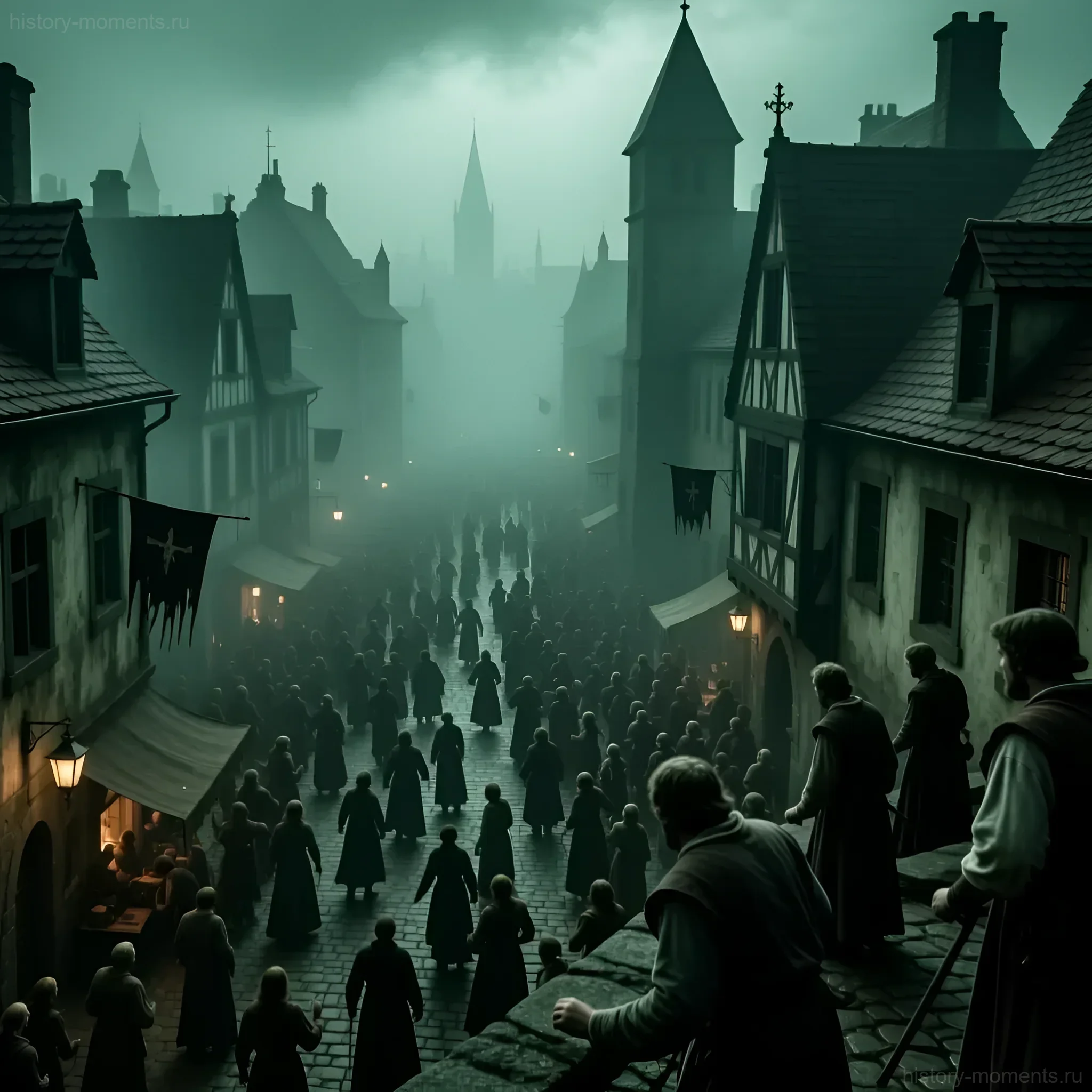 Визуализация средневекового города, охваченного чумой. Атмосфера безысходности, толпы людей в темной одежде, туман и мрачная архитектура.