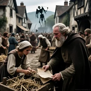 Фотография изображает сцену из средневековой Европы во время эпидемии чумы. Видна торговля, люди в повседневной жизни и зловещая фигура Смерти в небе.