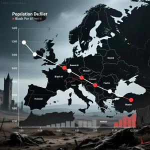Инфографика, визуализирующая сокращение населения Европы во время пандемии Черной смерти в XIV веке, с акцентом на ключевые города.