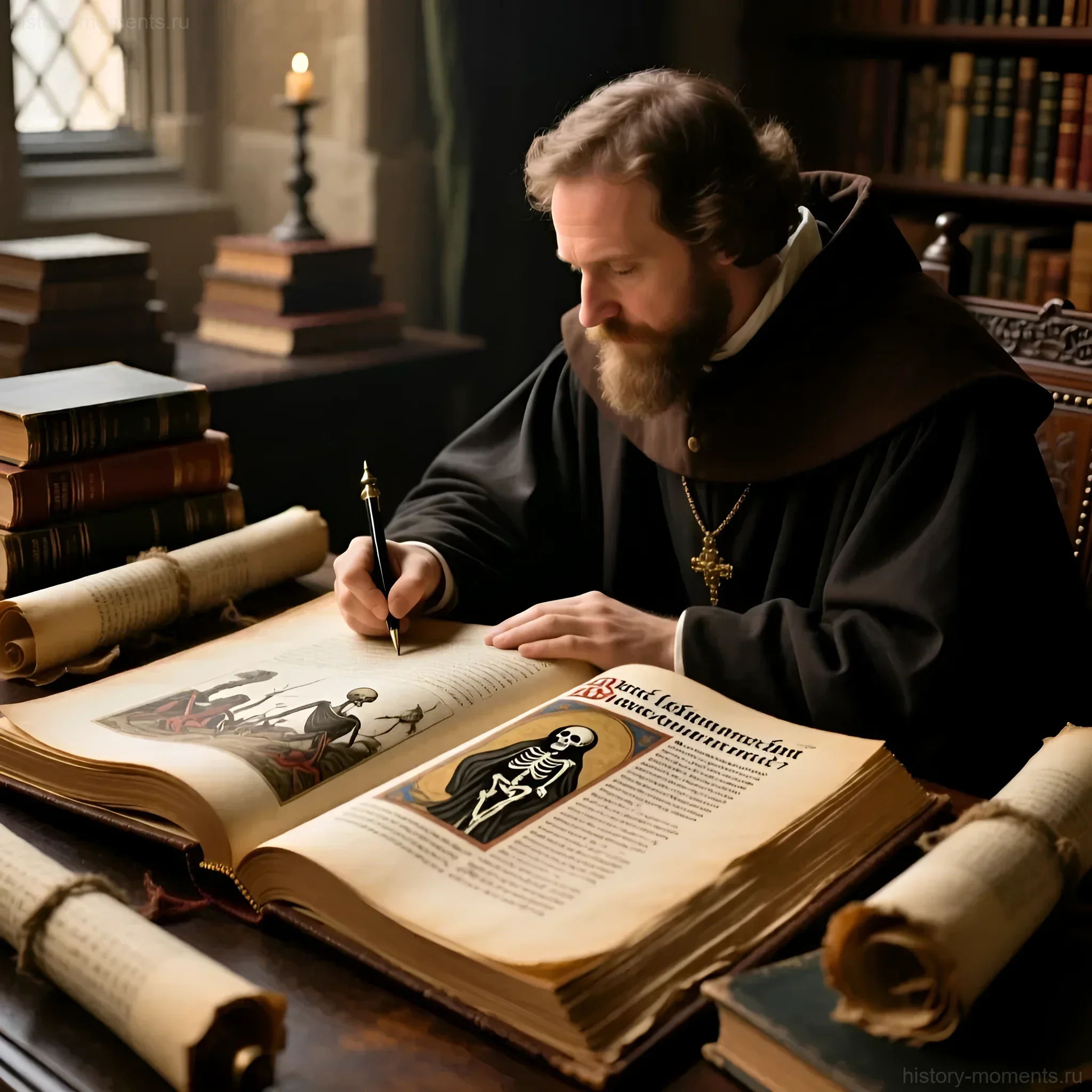 Фотография изображает монаха, записывающего события чумы 