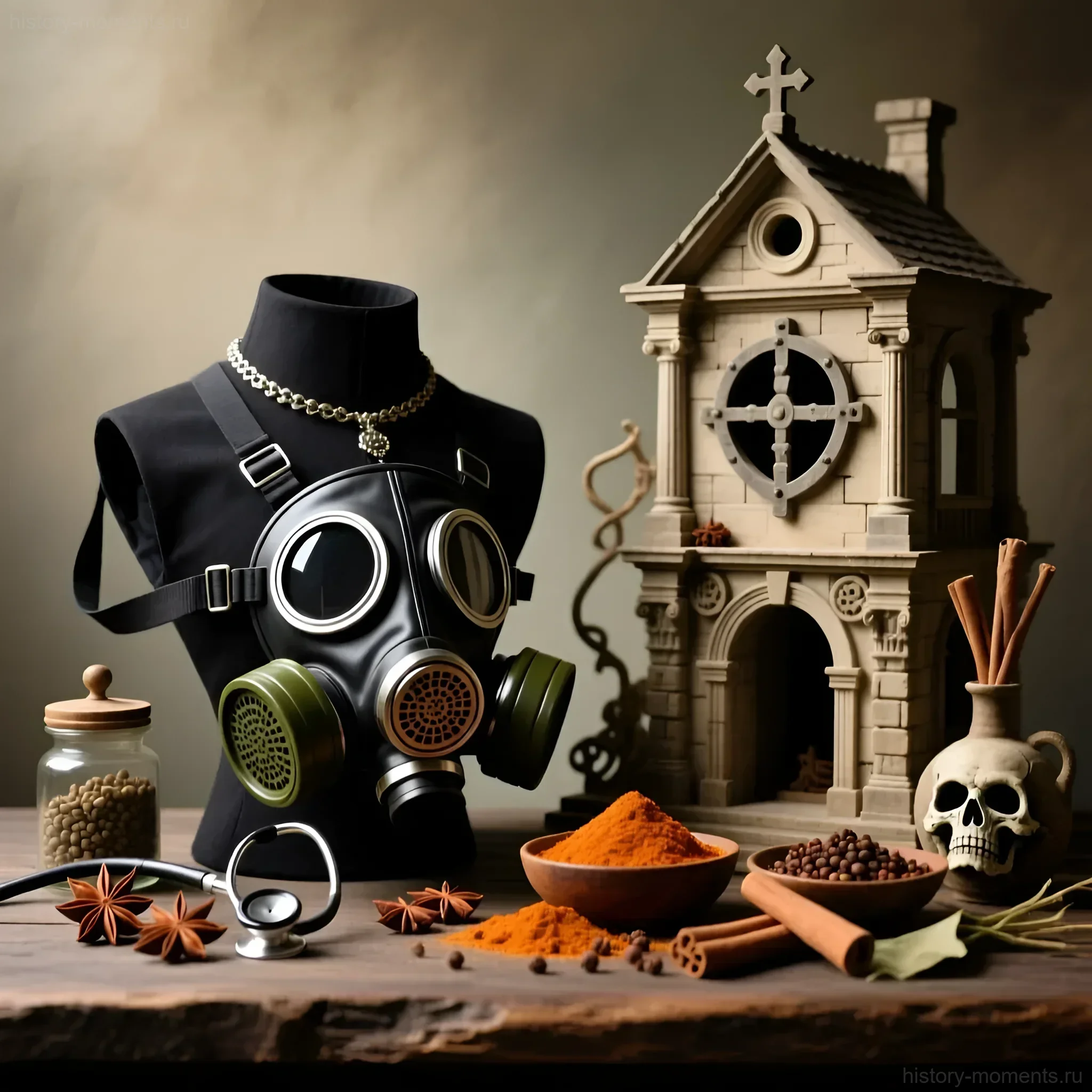 Сюрреалистичная натюрморт, символизирующая чуму «Черную смерть». Газовая маска, череп и средневековый домик создают мрачную атмосферу.