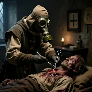 Жуткая иллюстрация средневекового врача в защитной маске, осматривающего тяжелобольного пациента с признаками бубонной чумы. Символизирует ужас и безысходность эпохи.