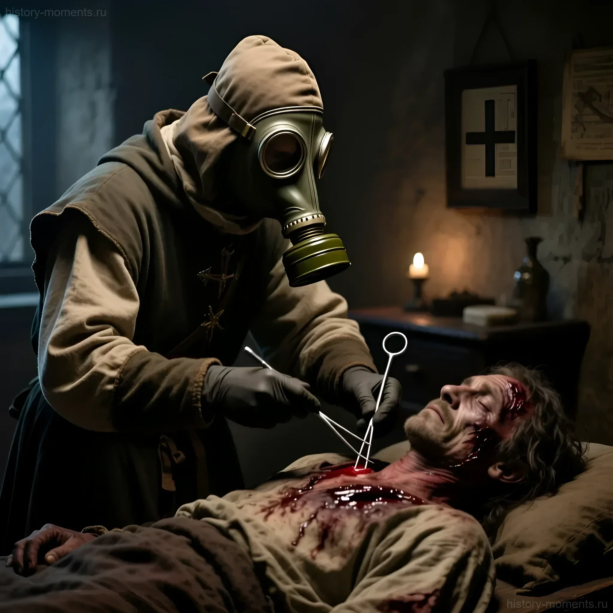 Жуткая иллюстрация средневекового врача в защитной маске, осматривающего тяжелобольного пациента с признаками бубонной чумы. Символизирует ужас и безысходность эпохи.