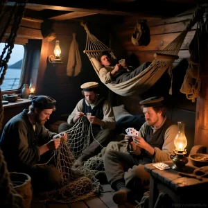 Фотография воссоздает сцену из жизни китобоев XIX века: игра в карты, плетение сетей и отдых в гамаке на борту судна.