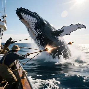 Динамичное изображение охоты на кита в XIX веке: китобои атакуют огромного кита гарпунами, демонстрируя опасность и жестокость промысла.
