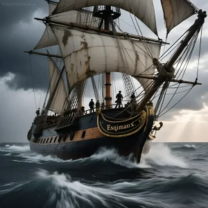 Фотография китобойного судна 'Esimaux' XIX века, плывущего сквозь шторм. Иллюстрация морской жизни и опасных приключений китобоев.