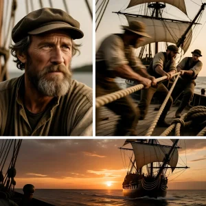 Фотографии исторической реконструкции жизни на китобойном судне: портрет капитана, работа команды и корабль в закате.