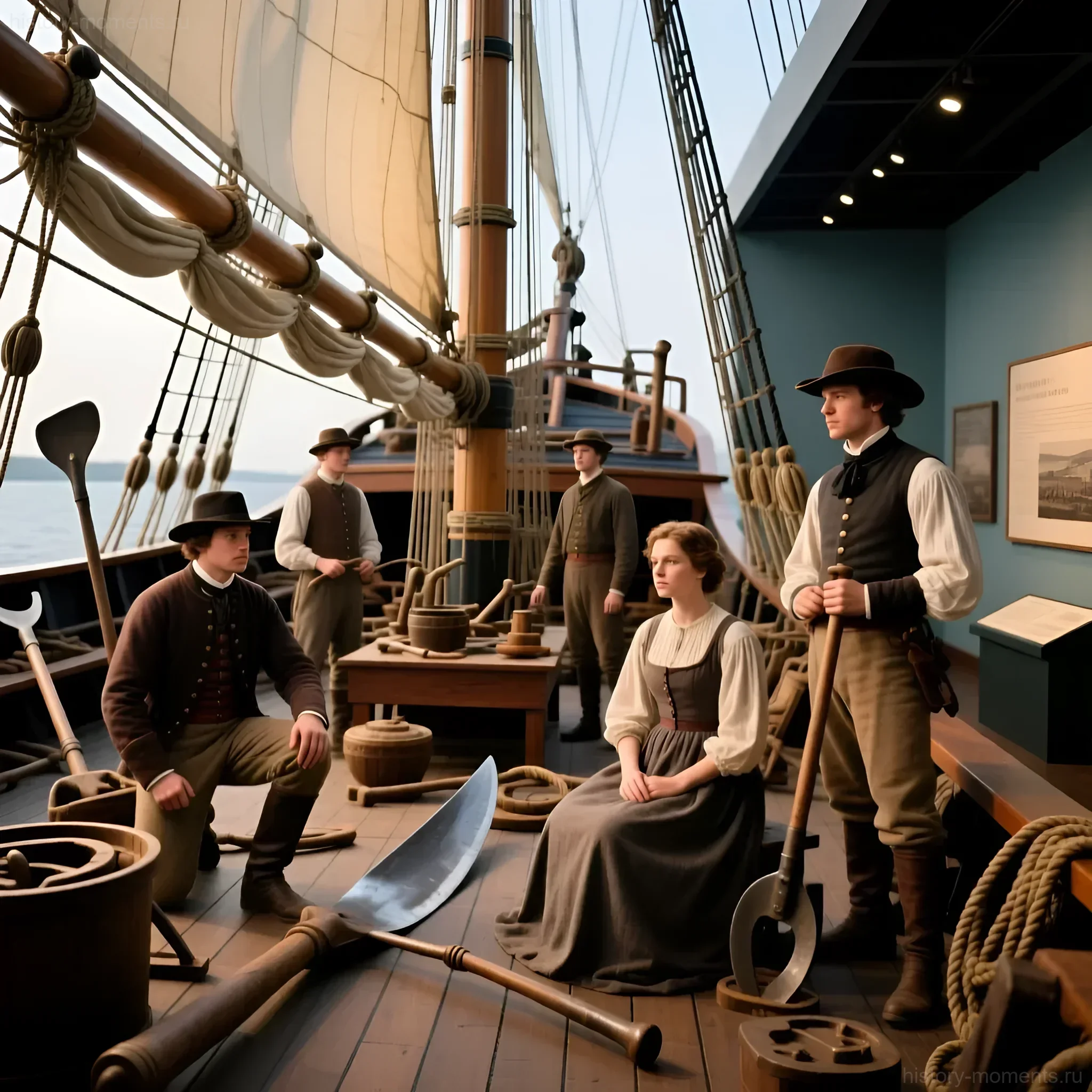 Реконструкция сцены из жизни китобойного судна XIX века: моряки и женщины на палубе, инструменты китобоя, историческая атмосфера.