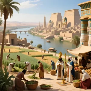 Художественное изображение процветающего города Древнего Египта с плодородными полями, рекой Нил и величественными храмами, символизирующее эпоху, предшествующую библейским казням.