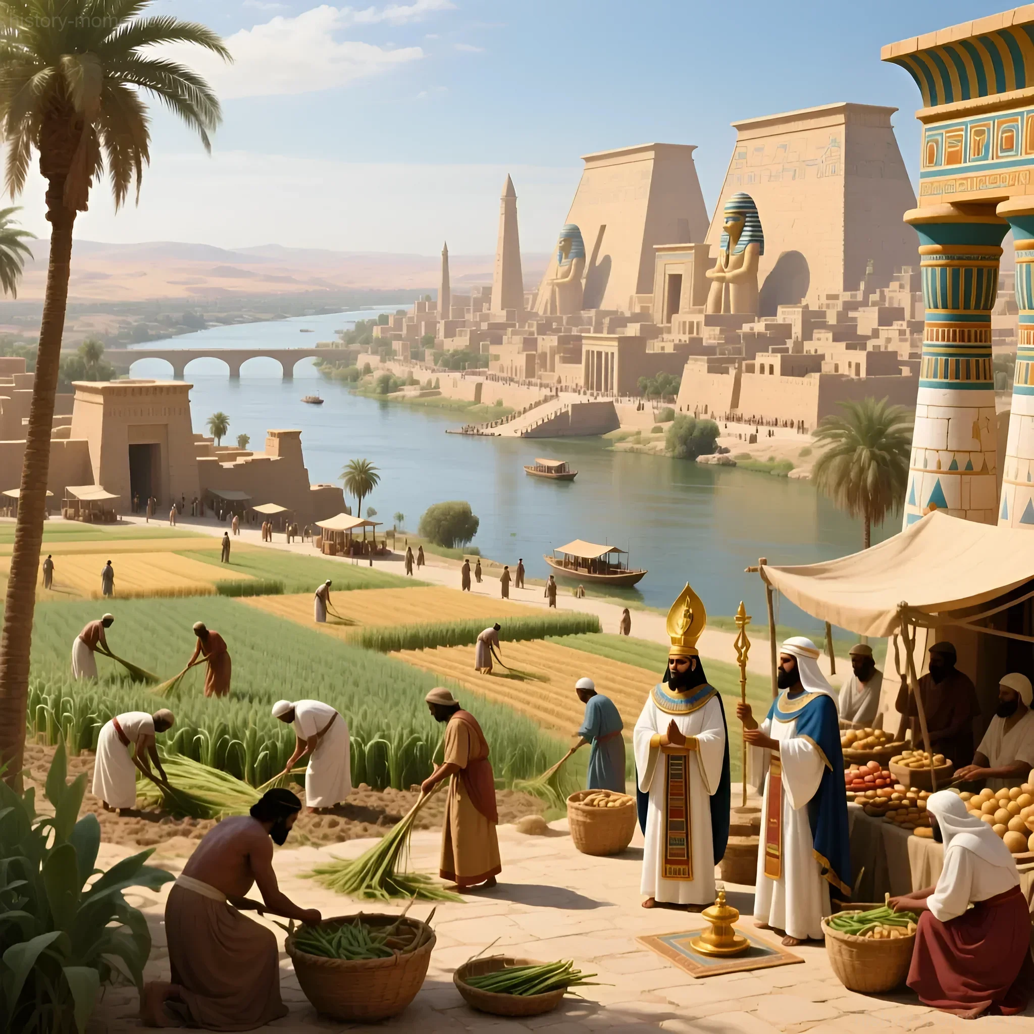 Художественное изображение процветающего города Древнего Египта с плодородными полями, рекой Нил и величественными храмами, символизирующее эпоху, предшествующую библейским казням.