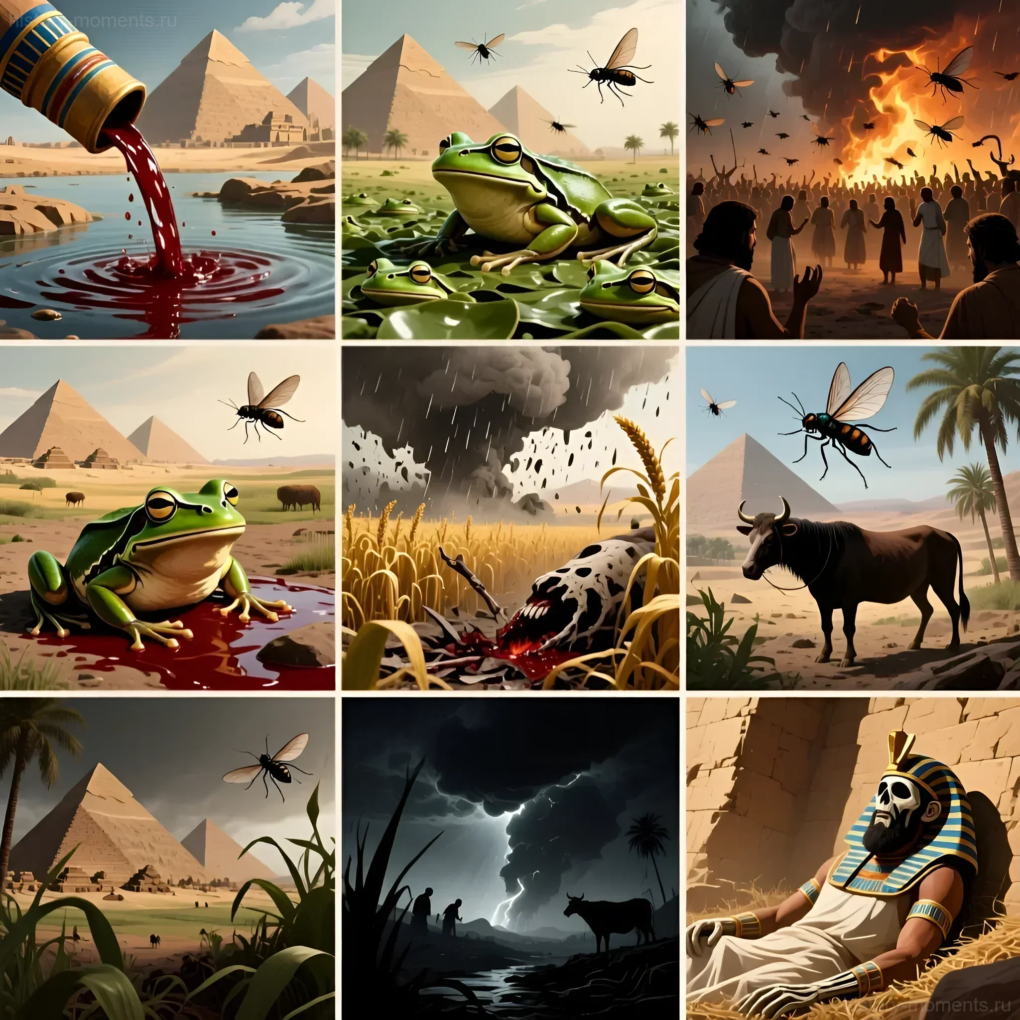 Коллаж, иллюстрирующий десять казней египетских: вода, превращенная в кровь, нашествие лягушек, мошки, мухи, гибель скота, гнойные язвы, град, саранча, тьма и смерть первенцев.
