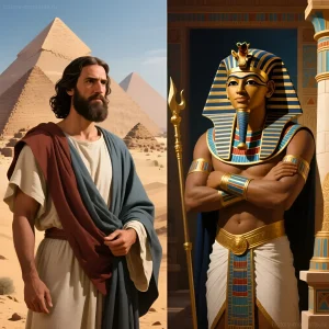 Цифровая иллюстрация, изображающая Моисея и фараона на фоне египетских пирамид, символизирующая конфликт между еврейским пророком и правителем Египта.
