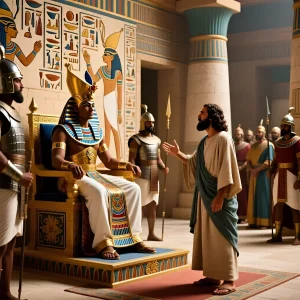 Художественное изображение сцены из Библии: пророк Моисей убеждает фараона отпустить израильтян из рабства, стоя перед его троном в роскошном египетском дворце.
