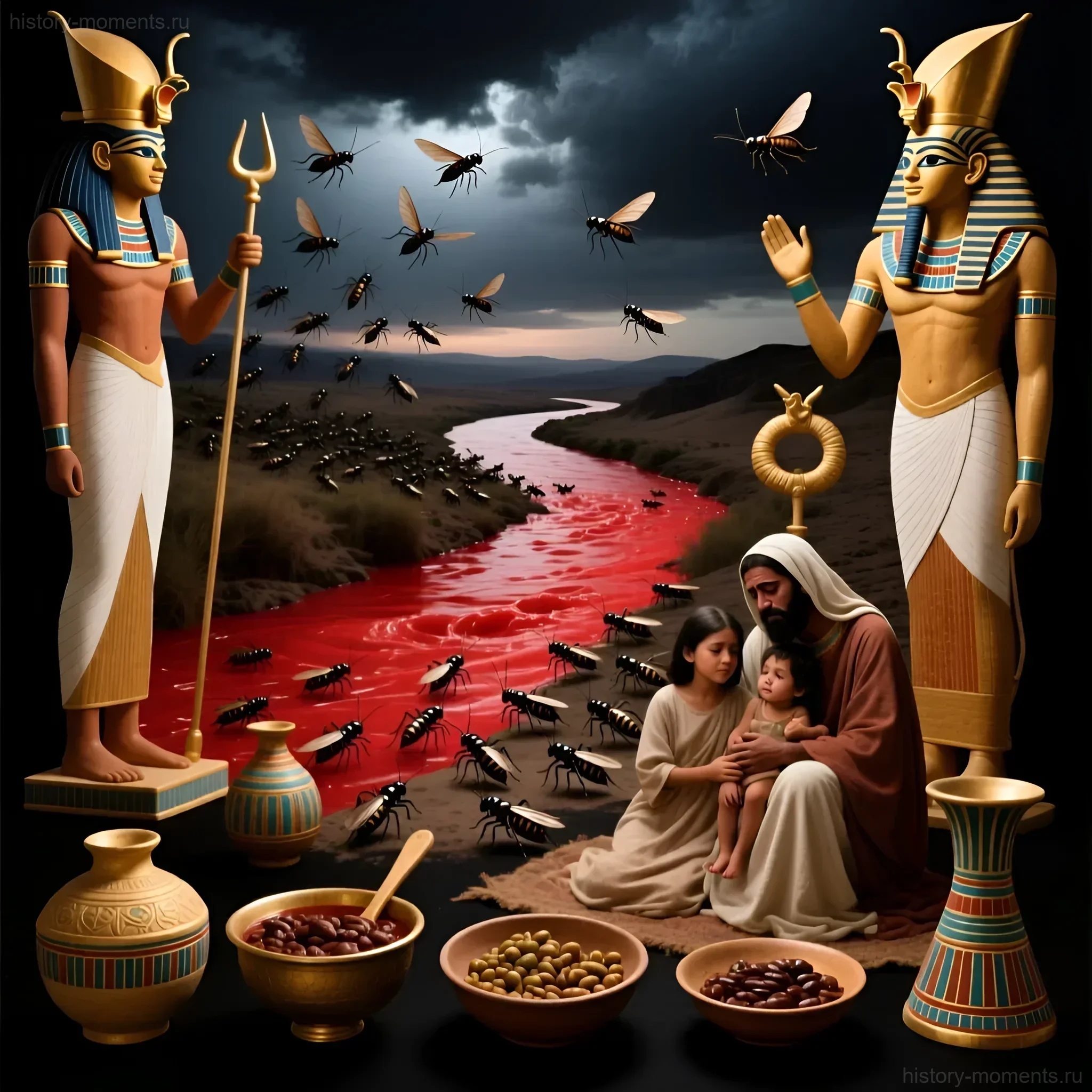 Художественное изображение, иллюстрирующее казнь египетскую - нашествие насекомых и покраснение воды, с фигурами древнеегипетских богов и испуганной семьей.