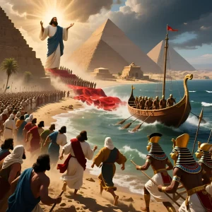 Художественное изображение сцены из библейской истории Исхода, где Моисей разделяет воды Красного моря, позволяя израильтянам спастись от египетской армии.