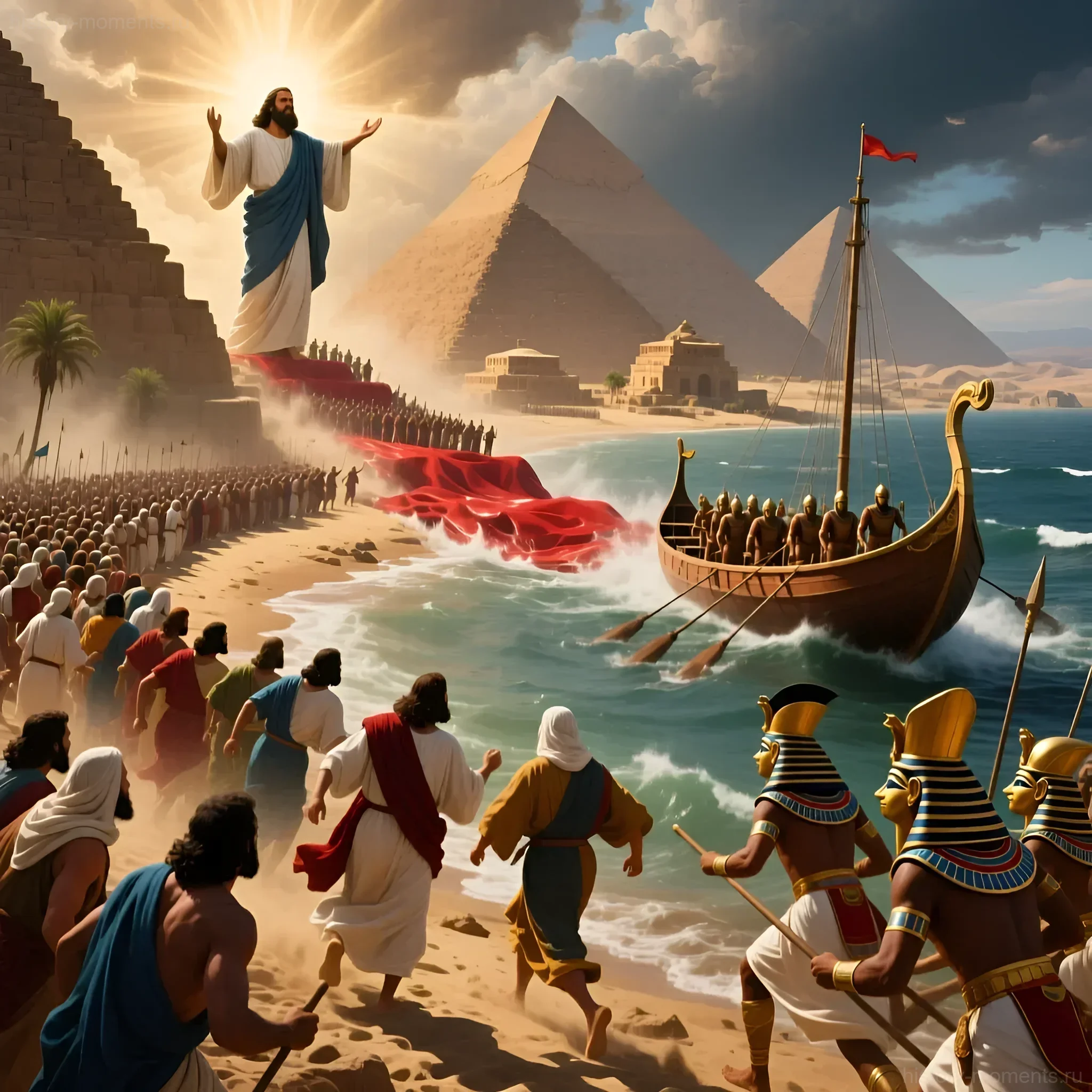 Художественное изображение сцены из библейской истории Исхода, где Моисей разделяет воды Красного моря, позволяя израильтянам спастись от египетской армии.