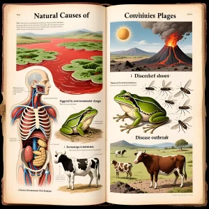 Инфографика, иллюстрирующая возможные природные причины десяти казней египетских, включая изменение цвета воды, нашествие насекомых и гибель скота.