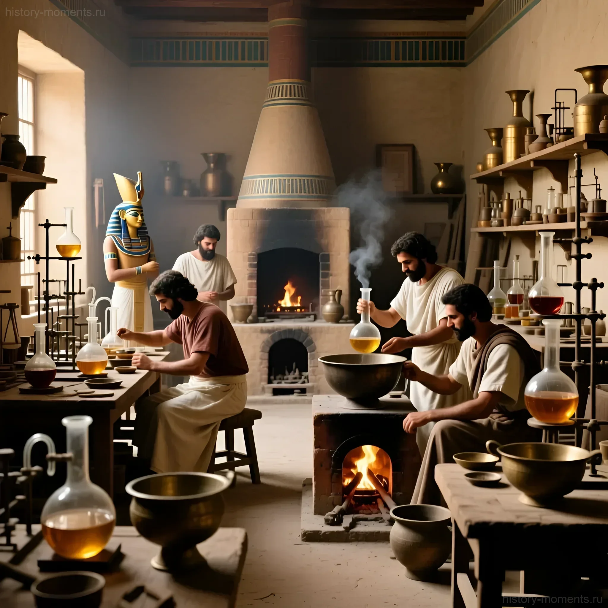 Реконструкция алхимической лаборатории в Египте, где ученые проводят эксперименты с колбами и ретортами, в присутствии статуи египетского бога Тота.