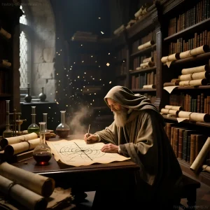 Иллюстрация: старый алхимик в капюшоне склонился над сложным чертежом в своей заставленной книгами и колбами лаборатории, окруженный мистическим свечением.