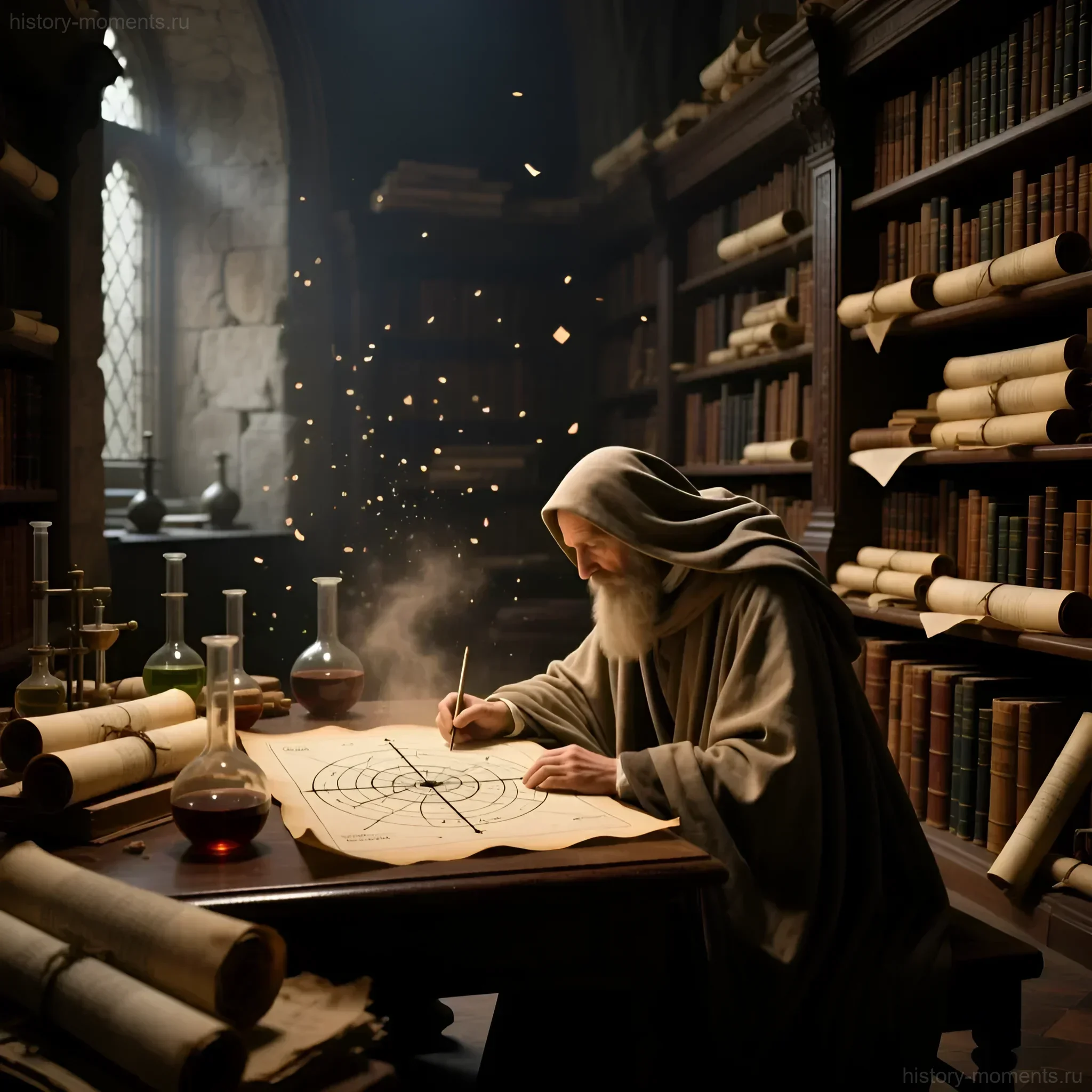 Иллюстрация: старый алхимик в капюшоне склонился над сложным чертежом в своей заставленной книгами и колбами лаборатории, окруженный мистическим свечением.