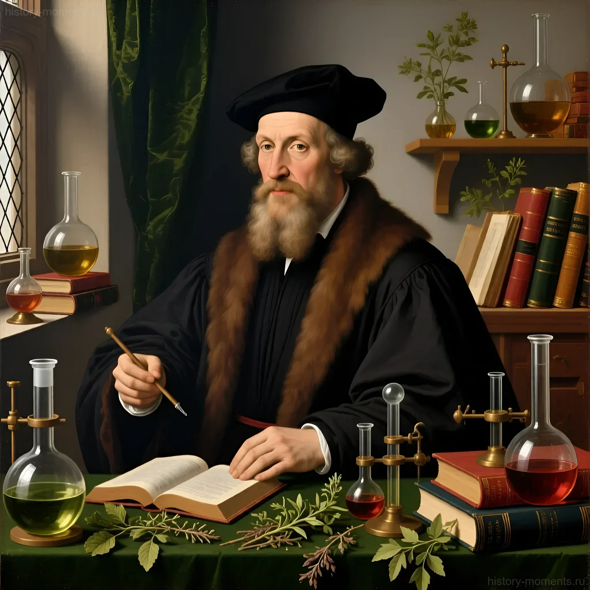 Портрет Филиппа Ауреола Теофраста Бомбаста Парацельса, алхимика и врача, за работой в своей лаборатории, окруженного колбами и книгами.