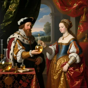 Картина, изображающая императора Рудольфа II, представляющего алхимику флакон с золотистой жидкостью, символизирующей эликсир жизни.